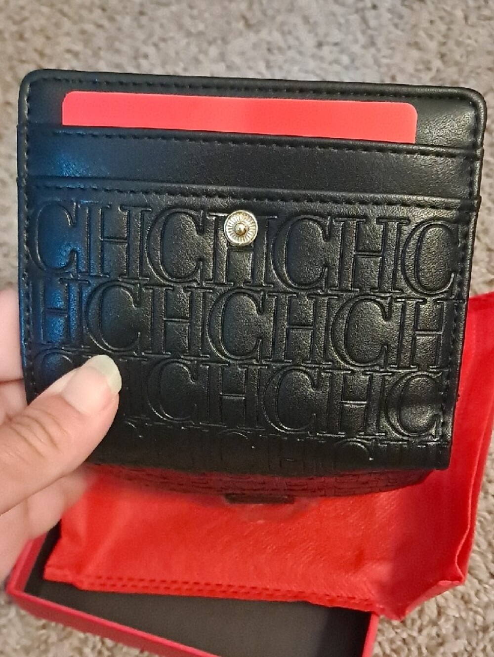 Carolina Herrera Black Embossed CH Leather Card Wallet with Gold Logo - Picture 5 of 8